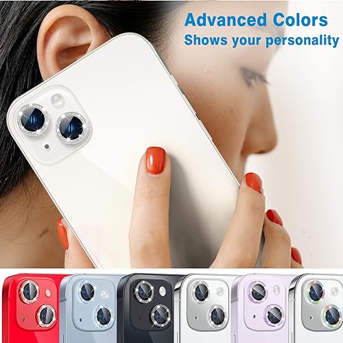 for iPhone 14 & iPhone 14 Plus Camera Lens Protector, Bling Glitter Diamond Lens Cover 9H Tempered Glass Camera Cover Anti Scratch Lens Protector Individual Lens Ring - 2PCS Glitter Blue - color: Blue Glitter