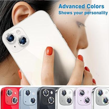 for iPhone 14 & iPhone 14 Plus Camera Lens Protector, Bling Glitter Diamond Lens Cover 9H Tempered Glass Camera Cover Anti Scratch Lens Protector Individual Lens Ring - 2PCS Glitter Blue - color: Blue Glitter