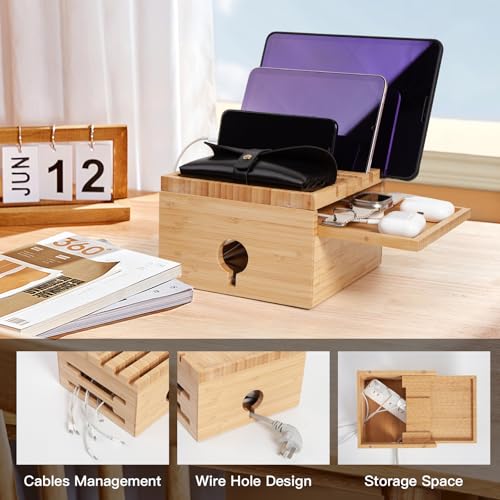 Bamboo Charging Station Organizer, No USB Charger and Cables - color: Natural bamboo color