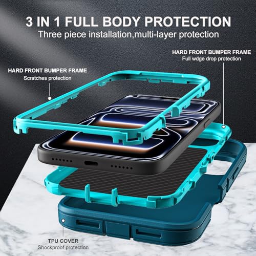YKHJKLEC for iPhone 17 Pro Case, Military Grade 3 in 1 Heavy Duty Shockproof/Drop Proof/Dust Proof Case with 2Pcs Tempered Glass Screen Protector (Blue/Turquoise) - color: Blue/Turquoise