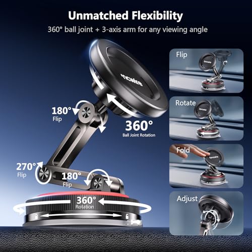 SYNCWIRE for MagSafe Car Mount [3-Axis] Nano Adhesive Gel + Strong Suction Cup Magnetic Phone Holder for Dashboard & Windshield, 360° Adjustable for iPhone 17 16 15 14 13 12, Samsung, Matte Black - color: Black