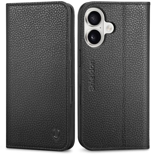 SHIELDON Genuine Leather Case Wallet for iPhone 17 6.3" 2025, Pebbled Black | Magnetic Closure, RFID Blocking, Credit Card Slot, Viewing Stand, Foldable Design, Shockproof TPU Phone Cover - color: Pebbled Black