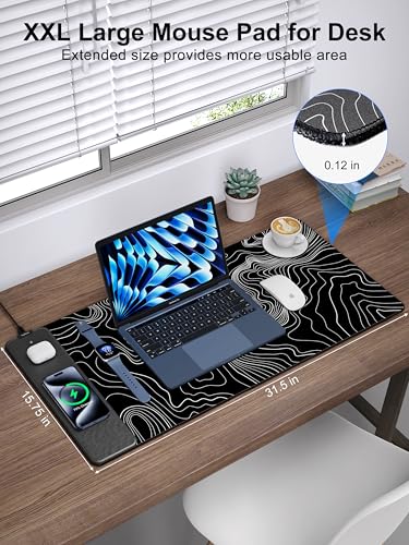 Mouse Pad with Wireless Charging, Large Desk Mat, Black Topographic Map #2 - color: Black Topographic Map #2