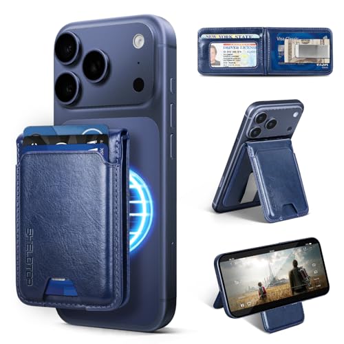 Shieldtop RFID Blocking MagSafe Wallet Stand with Card Holder,5 Card Slots & ID Window,PU Leather Magnetic Adjustable Kickstand for iPhone 12/13/14/15/16/17 Pro Max & Air Plus Series,Blue - color: Blue