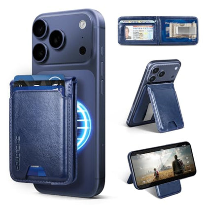 Shieldtop RFID Blocking MagSafe Wallet Stand with Card Holder,5 Card Slots & ID Window,PU Leather Magnetic Adjustable Kickstand for iPhone 12/13/14/15/16/17 Pro Max & Air Plus Series,Blue - color: Blue