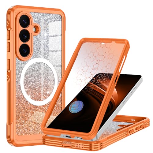 for Samsung Galaxy S26 Case, Built-in Tempered Glass Screen Protector, Full Body Protection & Camera Lens Guard, Fit for MagSafe & Military Grade Shockproof, with Glitter Card,Orange - color: Orange, size: Samsung Galaxy S26