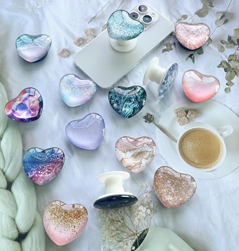 Expandiing Moblile Cell Phone Grip Heart Shape Glass Holder for Smartphones, Cellphone Collapsible Stand（ Pink