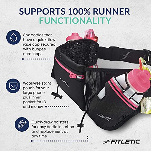 Fitletic Hydration Running Belt with Water Bottles for Men & Women – 2 Quick Flow 8oz Running Water Bottles, Patented Bounce Free Design, Water Resistant Pouch Fits All Phones – Hydra 16 - size: L/XL (35"-42"), style: Black & Pink