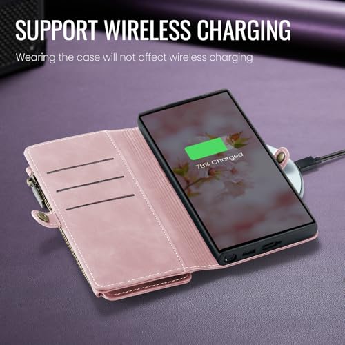 Defencase for Samsung Galaxy S26 Ultra Wallet Case with Card Holder, Pink | with RFID Blocking Zipper Pocket, Durable PU Leather, Wrist Strap, S26 Ultra Flip Phone Cases Cover with Stand for Women Men - color: Rose Pink