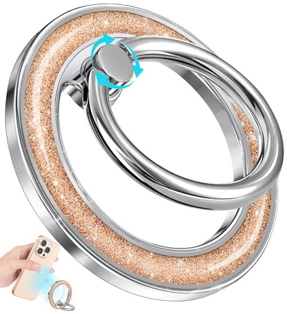 Phone Ring Holder Compatible with MagSafe - Magnetic Cell Phone Grip for Women Glitter Magnet Removable Finger Ring Grip Stand Cute Shine for iPhone 17 16 15 14 13 Pro Max Plus Air, Golden Rose