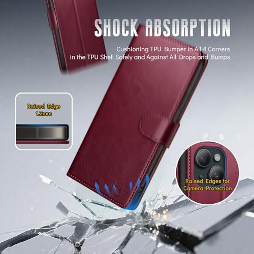 Wallet Case for iPhone 15 6.1", Wine Red | RFID-Blocking Card Holder, Kickstand, Magnetic Closure, PU Leather Folio Flip Cover, Protective Women Men Cases - color: Wine Red, size: iPhone 15