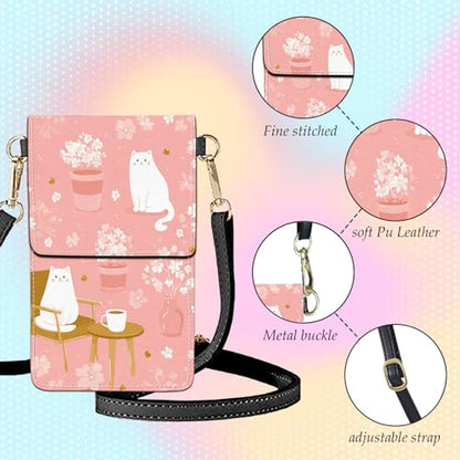 Small Crossbody Bags for Women Touchscreen Cell Phone Bag Cross Body Purses with adjustable Strap,Gifts For Teenage Girls - color: Pink Peaceful Home Cat