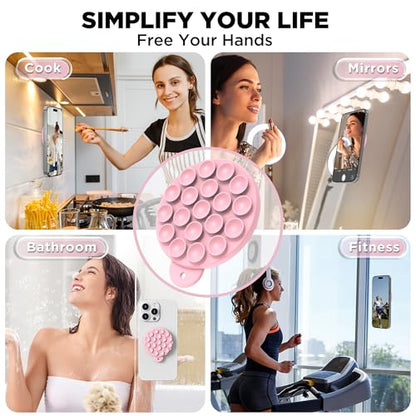 Magnetic Suction Cup Phone Mount with MagSafe, Silicone Hands-Free Grip Holder for iPhone Case and Android, Mirror Shower Phone Stand for Makeup FaceTime Gym Kitchen Bathroom, Pink - color: Pink