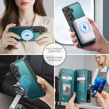 Defencase for Galaxy S25 Plus Case Wallet Compatible with Magsafe, Green | Magnetic Detachable, RFID Bolcking Card Holder, Zipper Strap, PU Leather Drop-Proof Phone Cover for Samsung Galaxy S25+/Plus - color: (Detachable with Magsafe)-Blue Green