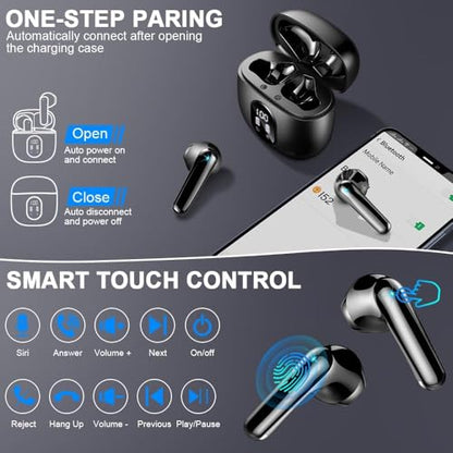 Wireless Earbuds, Bluetooth Headphones, Stereo Bass Ear Buds with ENC Noise Cancelling Mics, Bluetooth Earbuds with LED Display Charging Case, IP7 Waterproof Earphones for Android iOS/Glossy black - color: Glossy black