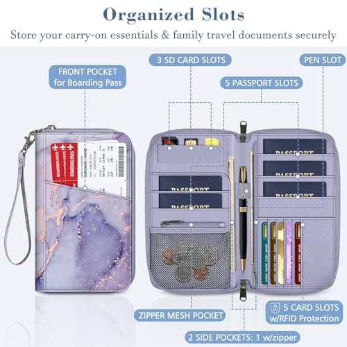 FINTIE Family Passport Holder Wallet Travel Document Organizer Clutch Bag | RFID Blocking Credit Cards Case Cover for Women Men - color: Lilac Marble
