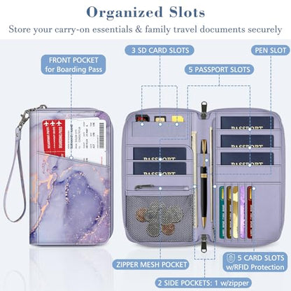 FINTIE Family Passport Holder Wallet Travel Document Organizer Clutch Bag | RFID Blocking Credit Cards Case Cover for Women Men - color: Lilac Marble