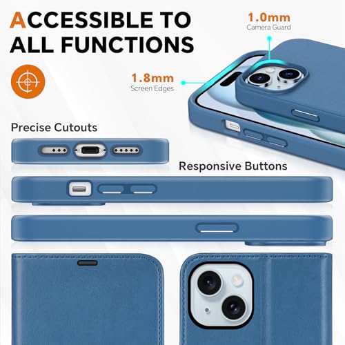 TUCCH 2-in-1 Removable Wallet Case for iPhone 15 (6.1") 2023, Light Blue | RFID Blocking, 4 Card Holders, Kickstand, Wireless Charging, Shockproof TPU, PU Leather, Magnetic, Flip Cover - color: Lake Blue (2-in-1 Detachable)