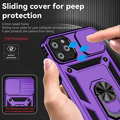 for iPhone 11 Pro Case with Camera Lens Cover HD Screen Protector, Dual Layer Military Grade Drop Protection Magnetic Ring Holder Kickstand Protective Phone Case for iPhone 11 Pro 5.8 inch (Purple) - color: Purple with camera cover Military-Grade 2nd gen