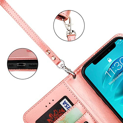 Bocasal Detachable Wallet Case Card Holder for iPhone 14, Rose Gold | RFID Blocking Kickstand Card Slots Holder PU Leather Magnetic Shockproof Wrist Strap Removable Flip Protective Cover 6.1 inch - color: Rose Gold