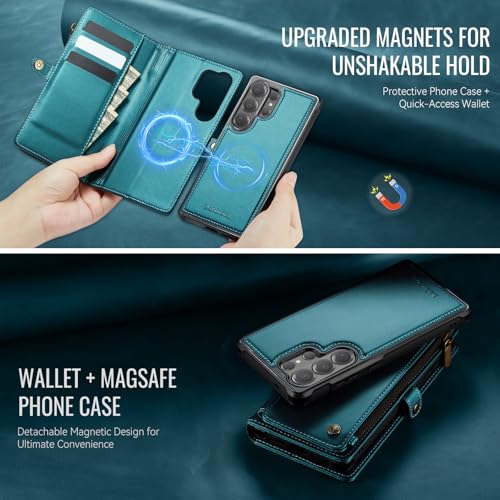 Defencase for Galaxy S26 Ultra Case Wallet Compatible with Magsafe, Green | Magnetic Detachable, RFID Bolcking Card Holder, Zipper Strap, PU Leather Drop-Proof Phone Cover for Samsung Galaxy S26 Ultra - color: (Detachable with Magsafe)-Blue Green