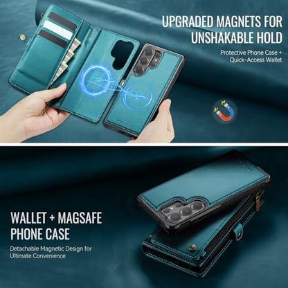 Defencase for Galaxy S26 Ultra Case Wallet Compatible with Magsafe, Green | Magnetic Detachable, RFID Bolcking Card Holder, Zipper Strap, PU Leather Drop-Proof Phone Cover for Samsung Galaxy S26 Ultra - color: (Detachable with Magsafe)-Blue Green