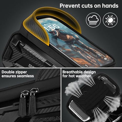 Bike Front Frame Bag Waterproof with Phone Mount Holder | 2 in1 EVA Bicycle Top Tube Bag, Waterproof, Rain Cover, TPU Touch Screen, Tool-Free, Sun Visor, Fits Road, Mountain, E-Bikes