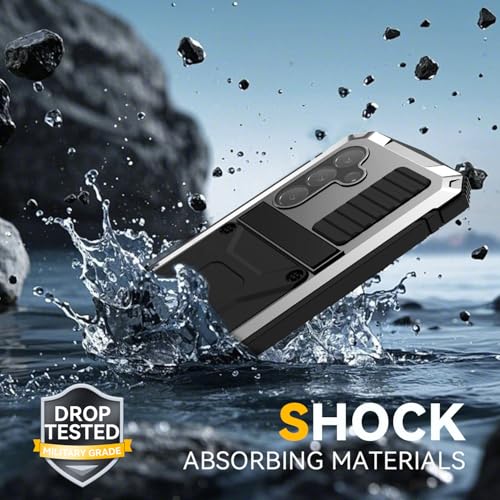 Simicoo for Samsung Galaxy S25 FE Metal Military Heavy Duty Case, Metallic Bumper Shockproof Dustproof Rugged Tough with Stand Screen Protector Camera Control Full Body Drop Protective Cover Silver - color: Silver