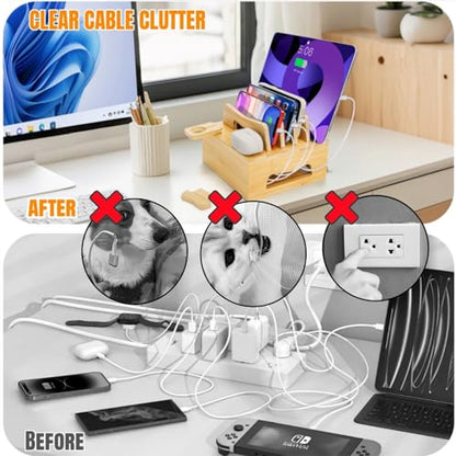 Bamboo Charging Station for Multi Devices, No USB Charger and Cables