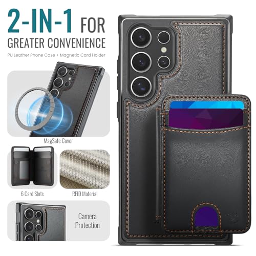 WJX for Samsung Galaxy S25 Ultra MagSafe Wallet Case, 2-in-1 Detachable Luxury Card Holder, Universal MagSafe Compatible, RFID Blocking, Shockproof Kickstand Slim Cover，Black - color: Black, size: Galaxy S25 Ultra