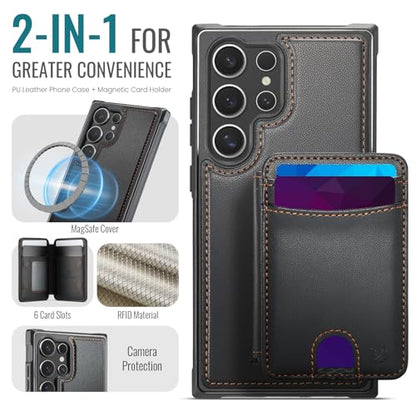 WJX for Samsung Galaxy S25 Ultra MagSafe Wallet Case, 2-in-1 Detachable Luxury Card Holder, Universal MagSafe Compatible, RFID Blocking, Shockproof Kickstand Slim Cover，Black - color: Black, size: Galaxy S25 Ultra