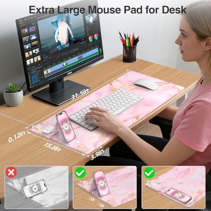 Wireless Charging Mouse Pad with Phone Holder, 31.5"x15.8" in, Pink Marble - color: Pink Marble-Phone Holder-31.5"x15.8"