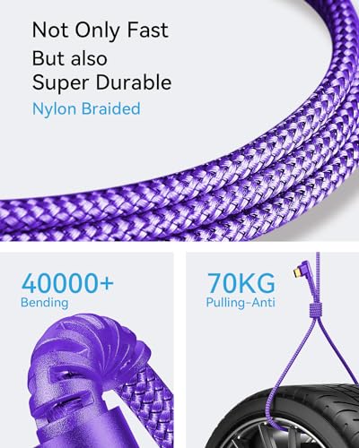 MRGLAS USB A to USB C Cable 3.2A 2-Pack [90°, Gold-Plated] 6.6+6.6F - color: Purple, size: 6.6FT+6.6 FT