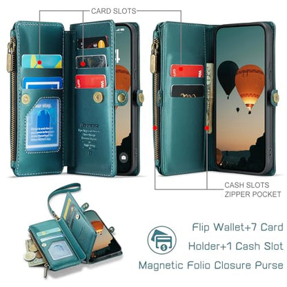 Defencase for Samsung Galaxy S24 Wallet Case with RFID Card Holder, Green | Durable Soft PU Leather, with Zipper Pocket, Wrist Strap, Fashion Snap Flip S24 Phone Cases Cover with Stand for Women Men - color: Blue Green