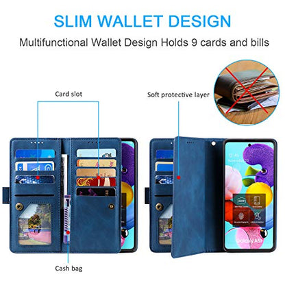 EYZUTAK Wallet Phone Case for Samsung Galaxy A13 5G/4G/A04S, Retro Matte 9 Card Holder Slots Zipper Pocket Case PU Leather Magnetic Closure Kickstand Wrist Strap Shockproof Folio Flip Cover - Blue - color: Blue, size: Samsung Galaxy A13/A04S
