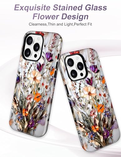 Jusy Magnetic Stained Glass Floral Case for iPhone 14 Pro, Bouquet | Compatible with MagSafe, Cute Aesthetic Flower Design, TPU and PC Protective Phone Cover - color: Bouquet
