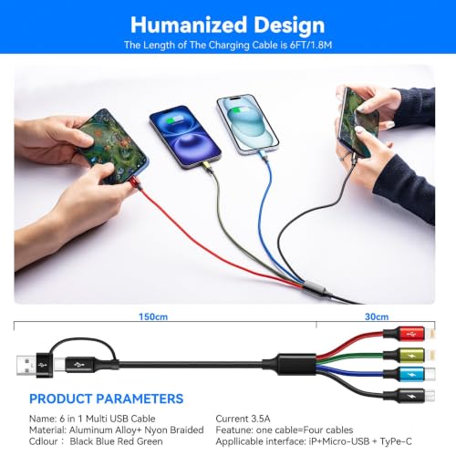 Minlu 6 in 1 Multi Charging Cable, USB A/USB C Charger Cable, 2 Pack 6Ft - size: 6 ft