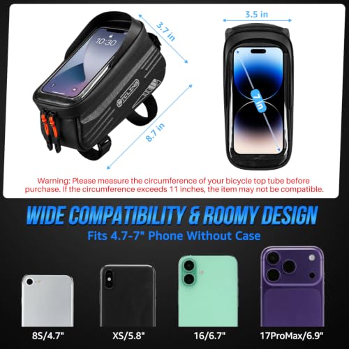 WOTOW Bike Phone Bag, Waterproof Bicycle Top Tube Phone Holder Hard Shell | Bike Front Frame Bag with TPU Touch Screen for Cell Phones Up to 7", 1.9L Bike Handlebar Bag for Ebike Accessories Storage