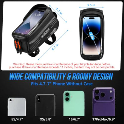 WOTOW Bike Phone Bag, Waterproof Bicycle Top Tube Phone Holder Hard Shell | Bike Front Frame Bag with TPU Touch Screen for Cell Phones Up to 7", 1.9L Bike Handlebar Bag for Ebike Accessories Storage