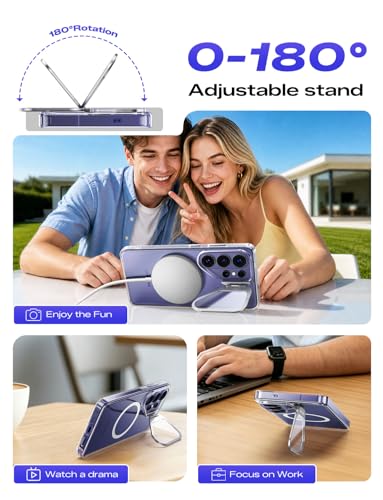 MAGIC JOHN Magnetic for Samsung Galaxy S26 Ultra Case with Stand, Fit for MagSafe, Phone Case for Samsung S26 Ultra, Clear Case with Camera Cover [Mil-Grade Protection] [Anti-Yellowing] Slim, Clear