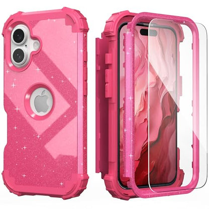 IDweel for iPhone 17 Case with Screen Protector for Women, 3 in 1 Shockproof Slim Fit Hybrid Heavy Duty Hard PC Cover Soft Silicone Bumper Full Body Anti-Fingerprint Case, Glitter Rose Red - color: Glitter Rose Red