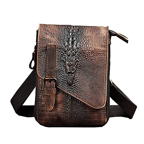 Le'aokuu Mens Genuine Leather Small Messenger Shoulder Satchel Phone Pouch Belt Waist Bag Pack - color: Large Crocodile Dark Brown
