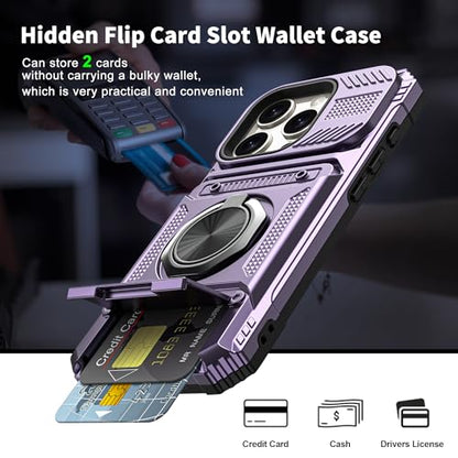 Vofolen for iPhone 15 Pro Case Wallet with Card Holder [Store 2 Cards] | 360° Magnetic Rotated Ring Stand-Dual Layer Heavy Duty Drop Protection Wallet Phone Case Cover for iPhone 15 Pro 6.1'' Purple - color: Purple