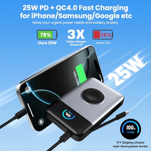 Ekrist Magnetic Portable Charger 10800mAh for MagSafe with Built-in Cable,iWatch Charger,Wireless Power Bank Travel Essentials,25W Fast Charging Battery Pack for iPhone 17/16/15/14,Apple Watch(Sliver) - color: Sliver