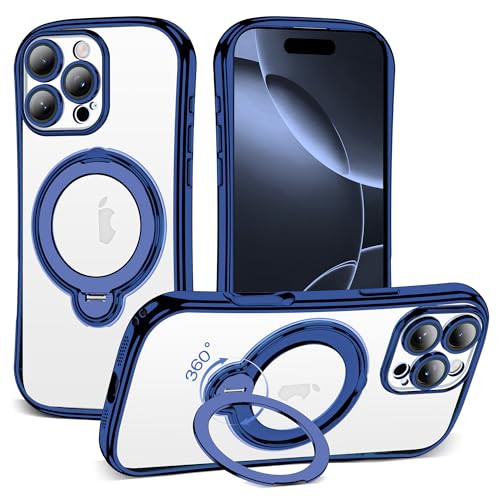 Clear Phone Case for iPhone 16 Pro 6.3", Deep Blue | Compatible with iPhone 16 Pro Case with 360° Rotatable Magnetic Ring Stand Full Camera Lens Protector Plating Mag-safe Case - color: Deep Blue, size: Iphone 16 Pro
