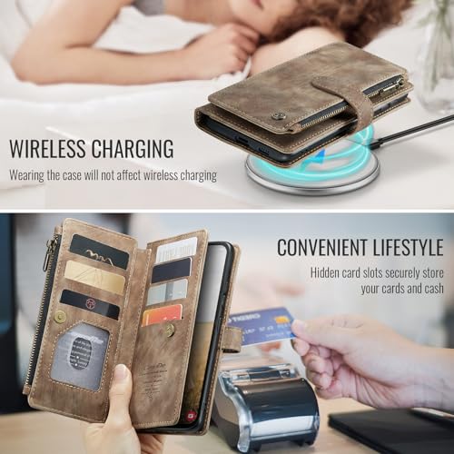 Samsung Galaxy S24 FE 5G Wallet Case with Card Holder Kickstand Magnetic Zipper Pocket Lanyard Strap Wristlet,Leather Flip Case Wallet for Samsung Galaxy S24 FE 6.7 Inch(Brown) - color: Brown, size: S24 FE 5G 6.7 Inch