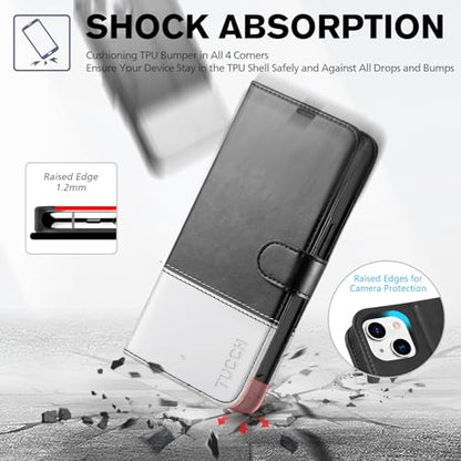 TUCCH Case Wallet for iPhone 14 (6.1"), RFID Blocking Folio, Black & White | 4 Card Holders, Kickstand, PU Leather, Magnetic Closure, Shockproof TPU Shell, Protective Flip Cover - color: Black & White