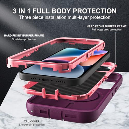 YKHJKLEC for iPhone 13/14 Case, Military Grade 3 in 1 Heavy Duty Shockproof/Drop Proof/Dust Proof with Kickstand Case, with 2 x Tempered Glass Screen Protector (ZJ-Purple/Pink) - color: ZJ-Purple/Pink