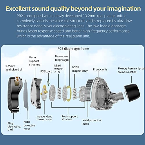 KZ x HBB PR2 in Ear Monitor Earphones 13.2mm Planar Magnetic Driver HiFi Wired Headphone Noise Cancelling IEM Earbuds with Detachable 2 Pin Silver-Plated Cable for Audiophile (Without Mic) - color: SolidBlack