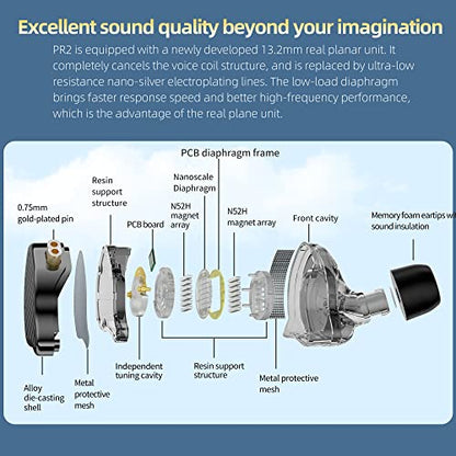 KZ x HBB PR2 in Ear Monitor Earphones 13.2mm Planar Magnetic Driver HiFi Wired Headphone Noise Cancelling IEM Earbuds with Detachable 2 Pin Silver-Plated Cable for Audiophile (Without Mic) - color: SolidBlack